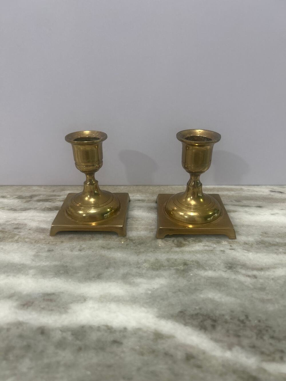 Vintage Brass Candlestick Holders Pair Square Base 3.25” Short Taper Korea